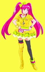1girl absurdres aino_megumi alternate_form asymmetrical_footwear black_thighhighs boots bow brooch collarbone cure_lovely cure_lovely_(lollipop_hip_hop) earrings full_body green_bow hair_bow hands_on_own_hips happinesscharge_precure! heart heart_brooch highres hood hood_down hooded_jacket jacket jewelry long_hair looking_at_viewer magical_girl mismatched_footwear ojipon pink_eyes pink_hair precure short_sleeves simple_background single_boot single_thigh_boot skirt smile solo star_(symbol) star_earrings thigh_boots thighhighs twintails uneven_footwear yellow_background yellow_boots yellow_jacket yellow_skirt