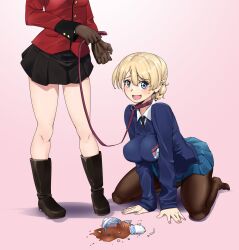 2girls black_necktie black_pantyhose blonde_hair blue_eyes braid breasts broken_cup brown_gloves collar darjeeling_(girls_und_panzer) girls_und_panzer gloves huaronanago large_breasts leash looking_at_viewer military_uniform miniskirt multiple_girls necktie open_mouth orange_pekoe_(girls_und_panzer) pantyhose pink_background pleated_skirt school_uniform simple_background skirt smile spill st._gloriana&#039;s_military_uniform st._gloriana&#039;s_school_uniform tea