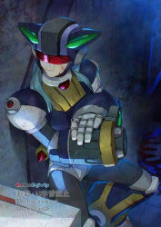Rule 34 | 1boy, arm cannon, armor, black armor, black helmet, blue hair, dynamo (mega man), helmet, male focus, medium hair, mega man (series), mega man x (series), red-tinted eyewear, solo, tinted eyewear, watermark, weapon, yamanashi taiki