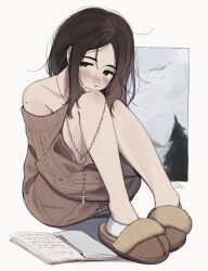 Rule 34 | 1girl, bare shoulders, black hair, blush, brown shoes, cross, cross necklace, crucifix, full body, highres, hugging own legs, jewelry, lisa (faeuna), long hair, mole, necklace, off shoulder, original, shoes, signature, sitting, solo, sweater