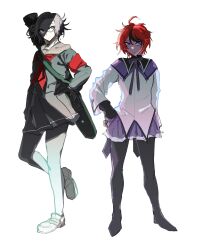 2boys akemi_homura akemi_homura_(cosplay) aotsuki_eito black_boots black_gloves black_hair black_shirt black_skirt blue_eyes blush boots closed_mouth creator_connection crossdressing crossover danganronpa_(series) danganronpa_2:_goodbye_despair full_body glasses gloves grey_hair hair_between_eyes hand_on_own_hip jacket magical_girl mahou_shoujo_madoka_magica male_focus multiple_boys pantyhose pekoyama_peko pekoyama_peko_(cosplay) pleated_skirt purple_skirt red_hair shirt shoes skirt standing sumino_takumi the_hundred_line_-last_defense_academy- white_background white_jacket white_pantyhose white_shoes
