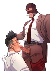 2boys balaclava bara belt black_belt black_gloves black_hair blue_eyes brown_jacket brown_pants cabbage_(ncalabby) cigarette collared_shirt cowboy_shot elbow_gloves erection fellatio formal_clothes glasses gloves hand_on_another&#039;s_head hand_on_another&#039;s_thigh heavy_breathing highres irrumatio jacket kneeling long_sleeves looking_at_another looking_down looking_up male_focus male_pubic_hair mature_male medic_(tf2) medical_gloves multiple_boys muscular muscular_male necktie oral pants penis precum pubic_hair red_gloves red_medic_(tf2) red_necktie red_spy_(tf2) rubber_gloves shirt short_hair ski_mask smile smoke smoking spy_(tf2) standing suit sweatdrop team_fortress_2 teeth unbuttoned unbuttoned_pants unzipped unzipped_pants upper_body veins veiny_penis white_background white_shirt yaoi