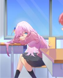 Rule 34 | 2girls, absurdres, arm pillow, black skirt, black socks, blue eyes, blue sky, bocchi the rock!, breasts, chair, classroom, clenched hand, commentary, covered mouth, cube hair ornament, day, desk, feet out of frame, gotoh hitori, hair ornament, hair over one eye, hair over shoulder, hair spread out, highres, indoors, jacket, kita ikuyo, kneehighs, large breasts, leaning forward, long bangs, long hair, long sidelocks, long sleeves, looking at another, multiple girls, naga naga, one eye covered, out of frame, pink hair, pink jacket, pleated skirt, red hair, school chair, school desk, school uniform, sidelocks, sitting, skirt, sky, socks, solo focus, straight hair, track jacket, very long hair, window