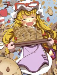 1girl :d baking_sheet blonde_hair bow closed_eyes cookie cookie_clicker dress factory female_focus food gaoo_(frpjx283) hair_bow happy hat heart highres long_hair multiple_girls open_mouth oven_mitts parody ribbon rocket slippers smile solo spacecraft touhou yakumo_yukari