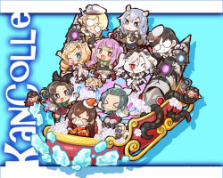6+girls absurdres abyssal_ship ahoge ascot black_gloves black_hair blonde_hair blowing_bubbles blue_eyes blue_hair braid brown_hair chaki_(teasets) chewing_gum closed_eyes colored_skin double_bun dress drill_hair elbow_gloves fairy fake_horns forehead gloves gradient_ascot gradient_hair gradient_neckwear green_hair hair_bun headgear highres honolulu_(kancolle) horned_headwear horns i-203_(kancolle) jacket kantai_collection light_blue_hair long_hair long_sleeves lunga_ocean_heavy_cruiser_princess makinami_(kancolle) mini_person minigirl momo_(kancolle) multicolored_hair multiple_girls new_light_cruiser_princess northampton_(kancolle) one_eye_closed orange_jacket pink_hair purple_dress red_eyes sailor_collar school_uniform shaka_sign single_braid size_difference sleeveless souya_(kancolle) suzunami_(kancolle) twin_drills twintails white_hair white_neckwear white_sailor_collar white_skin yellow_neckwear
