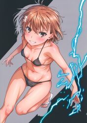 1girl 2024 20s absurdres bare_legs bikini black_bikini blush breasts brown_eyes brown_hair cleft_of_venus electricity electrokinesis flower gluteal_fold hair_flower hair_ornament highres isshi_pyuma looking_at_viewer matching_hair/eyes misaka_mikoto navel parted_lips ribs sandals scan short_hair simple_background small_breasts smirk solo standing standing_on_one_leg stomach swimsuit teeth toaru_kagaku_no_railgun toaru_majutsu_no_index toes