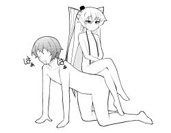 Rule 34 | 1boy, 1girl, admiral (kancolle), all fours, amatsukaze (kancolle), ataru (ataru-littlebird), commentary request, crossed legs, drooling, faceless, faceless male, full body, greyscale, hat, heavy breathing, human chair, human furniture, kantai collection, long hair, mini hat, monochrome, naked suspenders, nude, sitting, sitting on person, smokestack hair ornament, suspenders, two side up