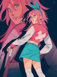 Rule 34 | 1girl, :d, aubrey (omori), bandaid, bandaid on face, bandaid on nose, baseball bat, blood, blue eyes, blue skirt, bow hairband, different zoom layer, drop shadow, feet out of frame, full body, hairband, hand on own hip, highres, leaning on object, midriff, moonfloat, multiple views, nosebleed, omori, open mouth, pink hair, pink sweater, pout, skirt, smile, solo, sweater, x