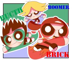 antenna_hair backwards_hat baseball_cap black_hair blonde_hair blue_eyes blue_shirt blunt_bangs boomer_(ppg) brick_(ppg) brothers butch_(ppg) flying green_eyes green_shirt hat highres long_hair looking_at_viewer open_mouth orange_hair parted_bangs powerpuff_girls red_eyes red_shirt rowdyruff_boys shirt shoes short_hair siblings smirk spiked_hair
