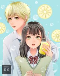 Rule 34 | 1boy, 1girl, artist name, black hair, blonde hair, blue background, bow, bowtie, brown eyes, bubble, commentary, couple, cup, disposable cup, drink, drinking straw, earrings, english commentary, food, fruit, hetero, highres, holding, holding drink, honey lemon soda, ishimori uka, jeivi, jewelry, lemon, lemon slice, looking at viewer, miura kai, red bow, red bowtie, school uniform, shirt, stud earrings, sweater vest, upper body, white shirt, yellow eyes