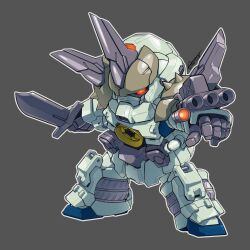 Rule 34 | apsalus iii, arm cannon, chest cannon, chibi, commentary, english commentary, full body, gouf custom, grey background, gundam, gundam 08th ms team, gundam ez8, highres, holding, holding sword, holding weapon, horns, looking at viewer, mecha, mecha focus, mobile suit, no humans, orange eyes, robot, science fiction, sd gundam, signature, sword, toilobo, weapon