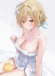 1girl bare_shoulders blonde_hair blush breasts cleavage collarbone earrings feather_earrings feathers flower genshin_impact hair_between_eyes hair_flower hair_ornament highres jewelry large_breasts looking_at_viewer lumine_(genshin_impact) maruro naked_towel parted_lips rubber_duck short_hair solo towel white_flower yellow_eyes