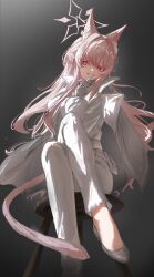 1girl absurdres akira_(blue_archive) animal_ear_fluff animal_ears blue_archive cat_ears cat_girl cat_tail crossed_legs finger_to_mouth gloves hair_between_eyes highres jacket jacket_on_shoulders long_hair looking_at_viewer on_stool pants parted_lips pink_hair red_eyes seeyouu73 shirt shoes sidelocks sitting smile solo tail white_gloves white_jacket white_pants white_shirt white_shoes
