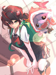 1girl 1other backpack bag black_hair black_necktie black_socks black_sweater_vest blonde_hair fins fish_tail green_bag green_eyes hair_ornament highres jeff_(marvel) lens_flare locker looking_at_viewer marvel marvel_rivals misono_(misono_ttt) multicolored_hair necktie open_mouth peni_parker pleated_skirt red_hair school_uniform shark shark_fin shark_tail sharp_teeth shirt short_sleeves skirt smile socks spider-man_(series) streaked_hair sweater_vest tail teeth twintails v white_shirt