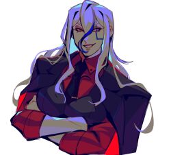 1girl blue_streaks crocrubies facial_mark formal_clothes heterochromia jacket jacket_on_shoulders long_hair looking_to_the_side portrait purple_eyes red_eyes simple_background smile solo suit the_hundred_line_-last_defense_academy- v&#039;ehxness white_background white_hair