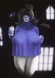 1girl big_hair black_background bottle breasts cropped_legs eyeshadow game_freak hex_maniac_(pokemon) highres huge_breasts implied_lactation inktober long_sleeves makeup milk_bottle moomoo_milk nintendo open_mouth pale_skin pokemon pokemon_xy purple_lips purple_shirt shirt sleeves_past_fingers sleeves_past_wrists smile standing sweater the_kite turtleneck turtleneck_sweater wet wet_clothes