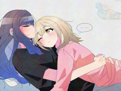 ... 2girls adversarial_noise azusawa_kohane black_hair black_shirt blue_hair blush brown_eyes brown_hair closed_eyes closed_mouth cuddling gradient_hair grey_background hands_on_another&#039;s_waist highres lilyburglar long_hair looking_at_another lying_on_person multicolored_hair multiple_girls one_eye_closed pink_shirt project_sekai reference_inset shiraishi_an shirt short_sleeves spoken_ellipsis yuri