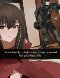 1boy 1girl backpack bag black_hair black_shirt blanket body_armor brown_hair caption commander_(girls&#039;_frontline) commentary dgkamikaze english_commentary english_text girls&#039;_frontline green_eyes green_hair gun headset highres holding holding_gun holding_weapon indoors looking_at_viewer m4a1_(girls&#039;_frontline) multicolored_hair open_mouth optical_sight shirt smile smug standing streaked_hair tactical_clothes twitter_username two-tone_hair weapon