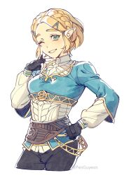 1girl black_gloves black_pants blue_shirt braid commentary_request crown_braid finger_to_mouth fingerless_gloves gloves green_eyes grin hair_ornament hairclip hand_on_own_hip korean_commentary long_sleeves looking_at_viewer nintendo one_eye_closed pants penguyeon pointy_ears princess_zelda shirt short_hair simple_background smile solo the_legend_of_zelda the_legend_of_zelda:_tears_of_the_kingdom triforce_print white_background