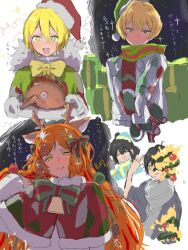 Rule 34 | 2girls, 3boys, animal ears, antlers, black hair, blonde hair, blush, bongy (project moon), bow, bowtie, closed mouth, deer ears, don quixote (project moon), e.g.o (project moon), green bow, green bowtie, green headwear, green necktie, hair bow, hat, heart skzo, hong lu (project moon), horns, ishmael (project moon), limbus company, long hair, looking at viewer, multicolored hair, multiple boys, multiple girls, necktie, open mouth, orange hair, project moon, red headwear, reindeer antlers, santa hat, short hair, sinclair (project moon), smile, spicebush (e.g.o), streaked hair, sweater, translation request, very long hair, white sweater, yellow bow, yellow bowtie, yellow eyes, yi sang (project moon)