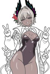 1girl alternate_costume arknights black_leotard black_wings bow bowtie breasts closed_eyes collar commentary cowboy_shot detached_collar double_v extra_arms flower grey_hair hair_between_eyes hair_flower hair_ornament head_wings highres jacket leotard long_sleeves lucia_(luciatehe) medium_breasts no_pants open_clothes open_jacket parted_lips partially_colored raidian_(arknights) red_flower short_hair simple_background tail thighs v white_background wide_hips wings