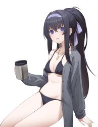 1girl bikini black_bikini black_hair blue_archive blush breasts cleavage cup ddiddo hairband high_ponytail highres holding holding_cup jewelry long_hair looking_at_viewer mug navel necklace open_mouth ponytail purple_eyes simple_background single_off_shoulder sitting small_breasts solo swimsuit ui_(blue_archive) ui_(swimsuit)_(blue_archive) white_background