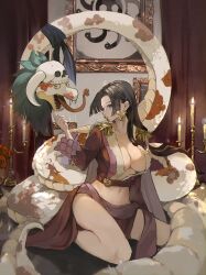 Rule 34 | 1girl, absurdres, black hair, blue eyes, boa hancock, breasts, cape, cleavage, closed mouth, commentary, crop top, earrings, english commentary, epaulettes, fangs, grey cape, highres, jewelry, large breasts, long hair, navel, one piece, salome (one piece), skull on head, snake, snake earrings, tatsugayaminagi, tongue, tongue out