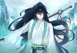 1boy aqua_eyes arthas_(sunsetarashi) black_eyes black_hair chinese_clothes floating_hair hair_between_eyes half_updo heterochromia highres holding holding_polearm holding_weapon hong_lu_(project_moon) light_smile limbus_company long_hair looking_at_viewer male_focus polearm project_moon solo very_long_hair weapon
