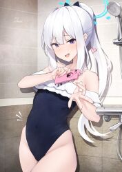 Rule 34 | 1girl, bare shoulders, blue archive, blue halo, blush, bow, breasts, clothed masturbation, collarbone, covered navel, driftkingtw, female masturbation, fingering, fingering through clothes, frilled one-piece swimsuit, frills, hair bow, halo, highleg, highleg one-piece swimsuit, highres, holding, holding phone, long hair, looking at viewer, masturbation, masturbation through clothes, miyako (blue archive), miyako (swimsuit) (blue archive), off-shoulder one-piece swimsuit, off shoulder, official alternate costume, official alternate hairstyle, one-piece swimsuit, phone, ponytail, purple eyes, pussy juice, pussy juice on fingers, shower (place), shower head, small breasts, solo, swimsuit, through clothes, white hair