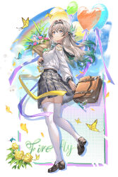 1girl absurdres al_guang aqua_bow aqua_hair artist_name bag balloon black_shoes black_skirt blue_butterfly blue_sky bouquet bow breasts bubble bug butterfly character_charm character_name charm_(object) chinese_commentary collared_shirt commentary_request crop_top dandelion_seed dated day firefly_(honkai:_star_rail) firefly_(spring_missive)_(honkai:_star_rail) flower from_side full_body glint gold_trim gradient_hair grey_hair hair_between_eyes hair_bow hair_intakes hairband heart_balloon highres holding holding_bag holding_bouquet honkai:_star_rail honkai_(series) insect inset_border loafers long_sleeves looking_ahead medium_breasts multicolored_hair nail_polish official_alternate_costume pink_nails plaid_clothes plaid_skirt pleated_skirt purple_eyes rainbow ribbon sam_(honkai:_star_rail) school_bag school_uniform shirt shoes skirt sky solo thighhighs thighs white_background white_shirt white_thighhighs yellow_butterfly yellow_ribbon