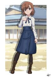 1girl architecture artoria_pendragon_(fate) asymmetrical_bangs black_pantyhose blue_ribbon blue_skirt boots brown_boots brown_eyes brown_hair closed_mouth commentary cosplay east_asian_architecture english_commentary full_body hair_ornament hairpin high-waist_skirt highres long_skirt misaka_mikoto nashdnash2007 neck_ribbon outdoors pantyhose ribbon saber_(fate) saber_(fate)_(cosplay) shirt short_hair signature skirt solo toaru_kagaku_no_railgun toaru_majutsu_no_index white_shirt