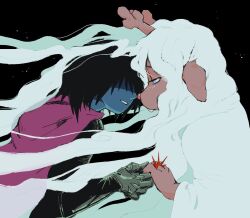 Rule 34 | 1girl, 1other, animal ears, antlers, armored gloves, back hair, black background, blue eyes, blue skin, cape, colored skin, commentary, deer antlers, deer ears, deer girl, deltarune, fiftyway, floating hair, hair over eyes, half-closed eyes, hashtag-only commentary, holding hands, horns, jewelry, kris (dark world) (deltarune), kris (deltarune), long hair, medium hair, noelle holiday, noelle holiday (dark world), parted lips, pink cape, ring, robe, thorn ring (deltarune), very long hair, weird route (deltarune), white hair, white robe