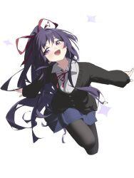 Rule 34 | 1girl, breasts, cryne, date a live, highres, long hair, purple eyes, purple hair, ribbon, school uniform, smile, socks, solo, yatogami tohka