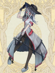 1girl bandages black_hat black_pantyhose breasts dairoku_ryouhei doctor expressionless grey_hair hat highres kajaneko looking_at_viewer lumerie_maleficarum pantyhose plague_doctor plague_doctor_mask red_eyes shoes small_breasts solo solo_focus white_shoes