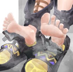 1girl arknights barefoot black_footwear black_gloves black_pants boots courier_(arknights) feet foot_focus gloves highres pants shoes soles solo sweat tiansuo_haoer toes wet