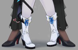 2girls black_pants boots commentary english_commentary heart high_heel_boots high_heels highres lower_body multiple_girls pants phoebe_(wuthering_waves) pussy_juice trembling white_boots wolfjunji wuthering_waves yuri zani_(wuthering_waves)