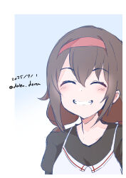 1girl absurdres black_shirt breasts brown_hair closed_eyes dabu_dora dated dress gradient_background grin hairband highres kantai_collection low_twintails medium_breasts one-hour_drawing_challenge red_hairband shiratsuyu_(autumn)_(kancolle) shiratsuyu_(kancolle) shirt smile solo twintails twitter_username upper_body white_dress
