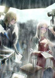 1boy 1girl 2others absurdres alternate_hairstyle armor black_armor black_fur blonde_hair blue_cape blue_eyes camera cape commentary_request cup dimitri_alexandre_blaiddyd dimitri_alexandre_blaiddyd_(timeskip) disposable_cup dress edelgard_von_hresvelg edelgard_von_hresvelg_(timeskip) fire_emblem fire_emblem:_three_houses fur-trimmed_cape fur_trim hair_between_eyes hair_down highres holding holding_paper long_hair multiple_others nintendo no_eyepatch paper rain red_dress soma_otakuu umbrella white_fur white_hair