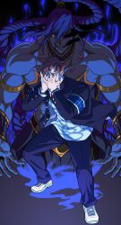 Rule 34 | 2boys, abs, armband, arms at sides, asamine matakara, blue skin, braid, bucchigiri?!, colored skin, covering face, evil smile, eye trail, full body, gakuran, genie, highres, ichiya (bucchigiri?!), large pectorals, legs apart, light trail, looking at viewer, male focus, mouth trail, multiple boys, muscular, muscular male, navel, oekaki shitou, offering hand, pectorals, school uniform, smile, stomach, twin braids