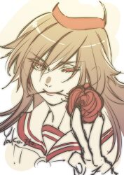 1girl akira_ferrari aria_(manga) artist_name bow bowtie brown_hair closed_mouth earrings eyelashes flower hand_up hat highres himeya_company_uniform itou_youko jewelry looking_at_viewer mouth_hold one_eye_closed portrait red_hat rose sailor_collar signature sketch smile solo two-tone_headwear v v-shaped_eyebrows white_hat