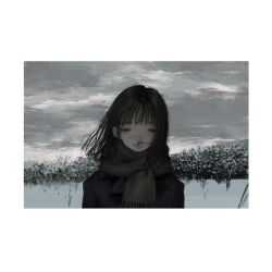 1girl black_hair black_jacket blood blood_on_face border closed_mouth grey_sky half-closed_eyes itou_hotaru jacket medium_hair nosebleed original outdoors overcast portrait scarf sky snow solo white_border winter winter_clothes