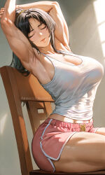 1girl armpits arms_up artist_name black_hair breasts casual chair cleavage closed_eyes closed_mouth commentary day dolphin_shorts fatal_fury from_side high_ponytail highres holding_own_arm indoors large_breasts light_rays long_hair midriff_peek muscular muscular_female on_chair paid_reward_available patreon_username pink_shorts ponytail robusta_mania shiranui_mai short_shorts shorts sitting solo street_fighter street_fighter_6 stretching sunbeam sunlight tank_top white_tank_top window
