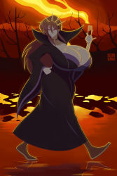 1girl alcohol big_hair black_dress boots breast_expansion breasts choker cleavage commission cup demon_girl dress drinking_glass fire gold_tiara hair_between_eyes hairband hand_on_own_hip hardkoba highres huge_breasts long_hair long_sleeves looking_to_the_side night orange_background original red_eyes red_hair sidelocks smile thick_thighs thighs tiara tree walking walking_on_liquid water wine wine_glass