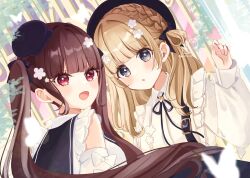 2girls :d animal animal_on_hand black_hat braid brown_hair bug butterfly commentary_request detached_sleeves frills grey_eyes hand_up hat highres insect long_hair long_sleeves looking_at_viewer looking_to_the_side mini_hat multiple_girls newsboy_cap open_mouth original parted_lips puffy_long_sleeves puffy_sleeves red_eyes rino_cnc shirt sleeveless sleeveless_shirt sleeves_past_wrists smile tilted_headwear twintails twitter_username upper_body very_long_hair white_shirt white_sleeves