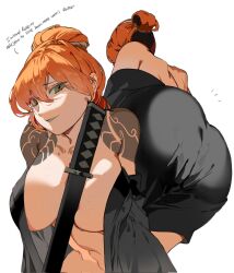 Rule 34 | 1girl, arm tattoo, ass, breasts, chest tattoo, english text, highres, ishmael (project moon), japanese clothes, katana, kimono, kurokumo clan (identity) (project moon), large breasts, limbus company, long hair, orange hair, project moon, sword, tattoo, very long hair, weapon, yongsadragon