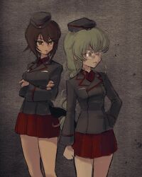 2girls absurdres anchovy_(girls_und_panzer) black_background black_jacket bow braid breasts clenched_hand cross crossed_arms garrison_cap girls_und_panzer glasses green_hair hair_bow hair_ribbon hand_on_own_hip hat highres iron_cross jacket kuromorimine_military_uniform large_breasts long_braid medium_breasts military military_hat military_uniform multiple_girls nishizumi_maho payama pleated_skirt ponytail red_eyes red_shirt red_skirt ribbon round_eyewear shirt skirt upper_body