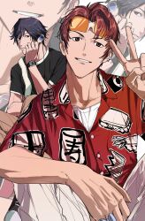 2boys alternate_costume amikoiiko arm_on_knee bag black_footwear black_hair black_shirt brown_eyes brown_hair brown_pants clothes_writing collarbone dress_shirt ear_piercing earphones earrings facing_to_the_side facing_viewer feet_out_of_frame figure_four_sitting fingernails fish_(food) food food_print full_body goggles goggles_on_head hand_on_own_cheek hand_on_own_face hand_up hashtag-only_commentary head_tilt highres holding_strap jewelry looking_at_viewer makizushi male_focus multiple_boys nigirizushi oval pants persona persona_1 piercing pinky_ring print_shirt purple_eyes red_shirt shirt shoes short_hair short_sleeves shoulder_bag simple_background single_earring sitting smile sneakers sternocleidomastoid_muscle sushi teeth toudou_naoya two-tone_footwear uesugi_hidehiko v watch white_background white_footwear white_pants white_shirt white_undershirt wristwatch zoom_layer