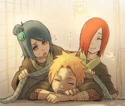 Rule 34 | 1girl, 2boys, blanket, blue hair, flying sweatdrops, konan (naruto), looking at another, meitarou, multiple boys, nagato (naruto), naruto (series), naruto shippuuden, open mouth, orange hair, red hair, short hair, sleeping, smile, yahiko (naruto)