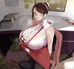 Rule 34 | 1girl, absurdres, animal print, bare shoulders, blush, bra, breasts, brown eyes, brown hair, bursting breasts, cleavage, cow print, earrings, glasses, hair bun, highres, huge breasts, jewelry, looking at viewer, namhorm (puzenketsu), office, office lady, original, puzenketsu, shirt, sitting, sleeveless, sleeveless shirt, smile, solo, teacher, underwear
