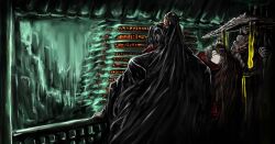 1boy 2girls balcony black_hair black_hanfu chain chinese_clothes closed_eyes facing_away hair_bun hair_ornament hair_over_one_eye hand_fan hanfu hat hen_na high_ponytail highres holding holding_fan jia_qiu_(project_moon) limbus_company long_hair multicolored_hair multiple_girls one_eye_covered open_mouth ponytail project_moon red_streaks sidelocks straw_hat streaked_hair very_long_hair yellow_eyes zigong_(project_moon) zilu_(project_moon)